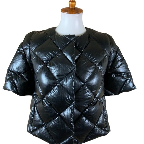 Glamourpuss NYC Short Sleeve Black Down Puffer Jacket Quilted Button Front Small - Picture 2 of 7
